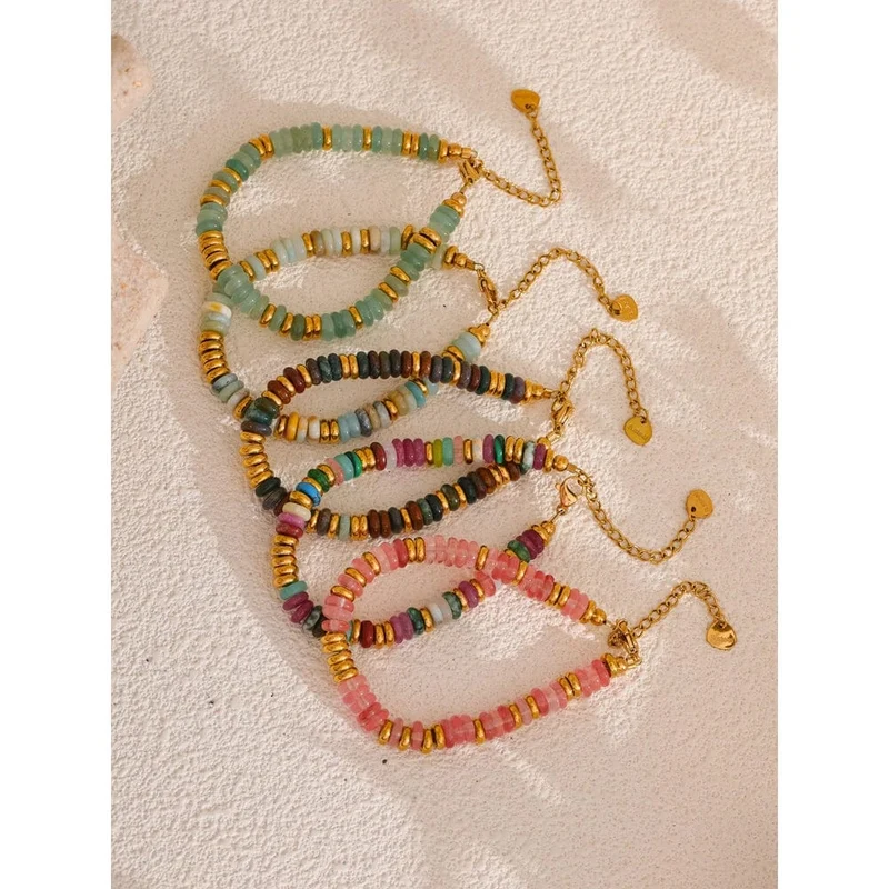 Yhpup Bunte Natursteinperlen Kette Handarbeit Armband Armreif Wasserdicht Böhmen Edelstahl Y2K Trendy Schmuck Geschenk