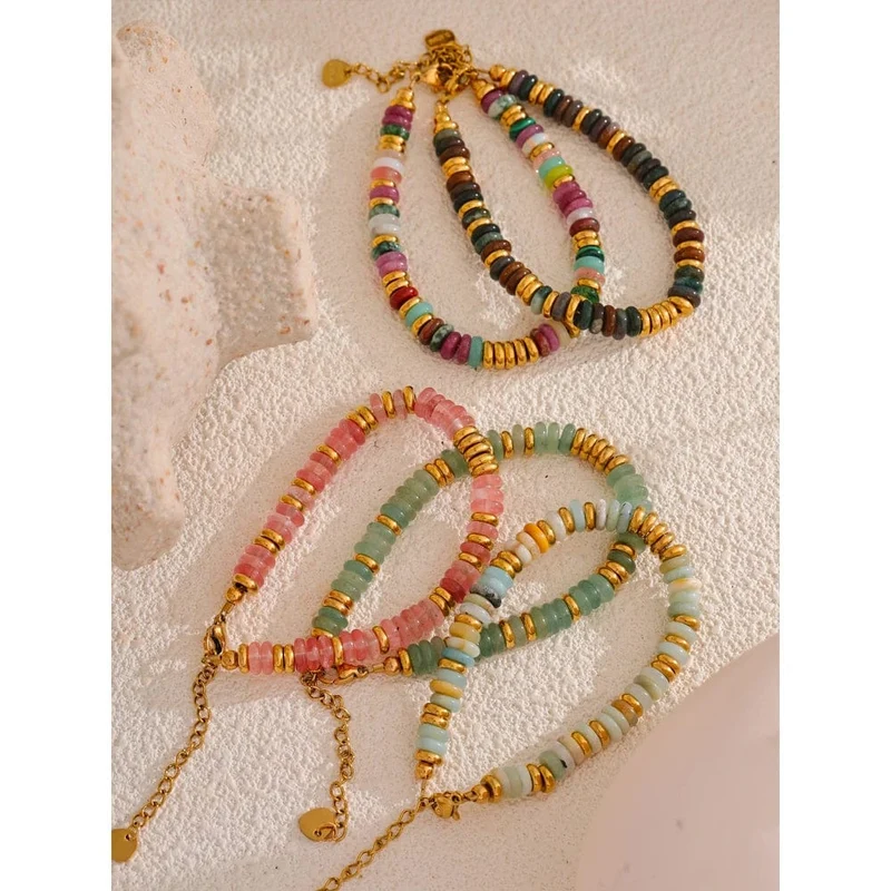 Yhpup Bunte Natursteinperlen Kette Handarbeit Armband Armreif Wasserdicht Böhmen Edelstahl Y2K Trendy Schmuck Geschenk