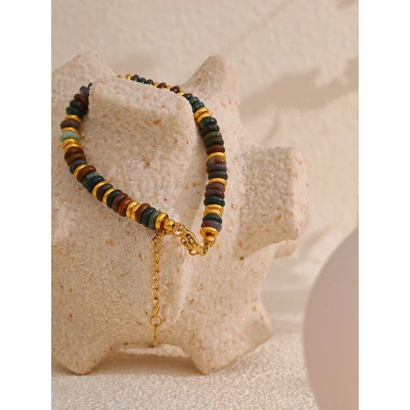 Yhpup Bunte Natursteinperlen Kette Handarbeit Armband Armreif Wasserdicht Böhmen Edelstahl Y2K Trendy Schmuck Geschenk