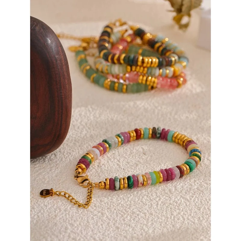 Yhpup Bunte Natursteinperlen Kette Handarbeit Armband Armreif Wasserdicht Böhmen Edelstahl Y2K Trendy Schmuck Geschenk