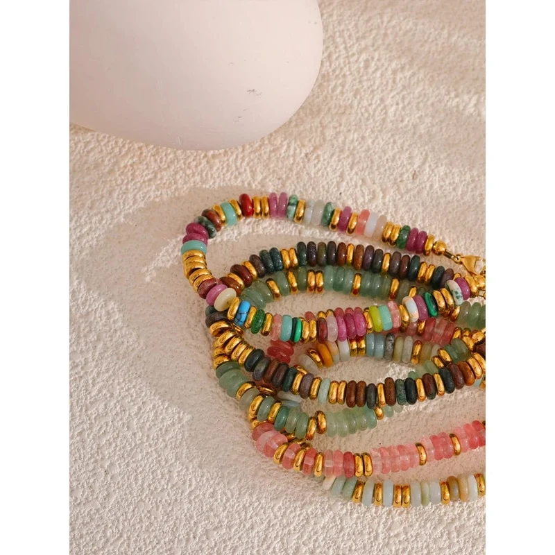 Yhpup Bunte Natursteinperlen Kette Handarbeit Armband Armreif Wasserdicht Böhmen Edelstahl Y2K Trendy Schmuck Geschenk
