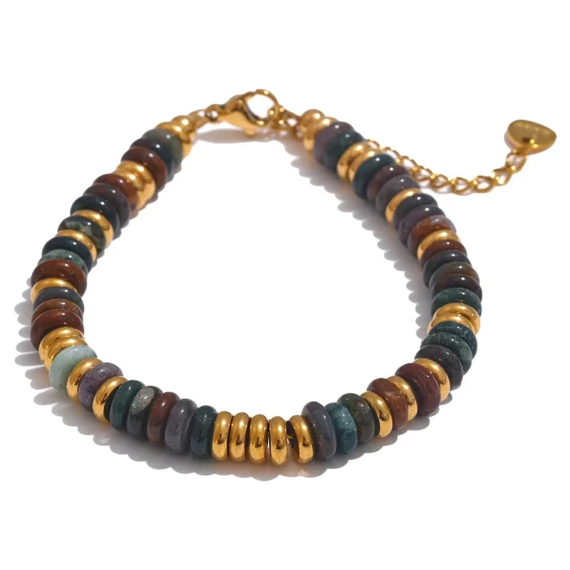Yhpup Bunte Natursteinperlen Kette Handarbeit Armband Armreif Wasserdicht Böhmen Edelstahl Y2K Trendy Schmuck Geschenk