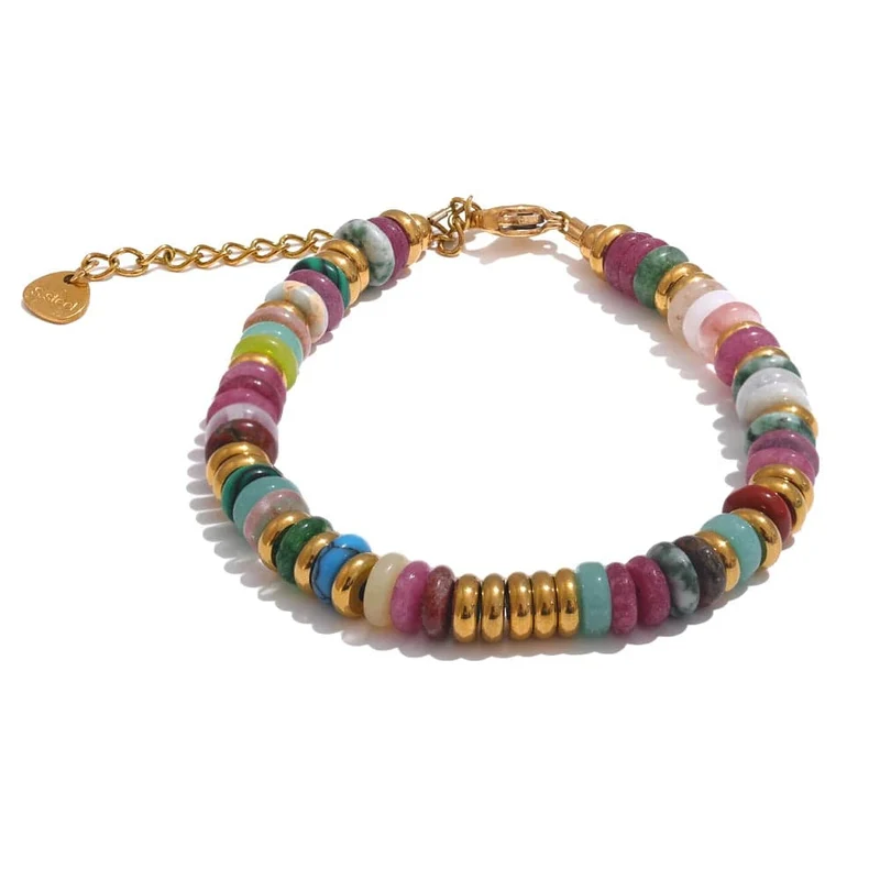 Yhpup Bunte Natursteinperlen Kette Handarbeit Armband Armreif Wasserdicht Böhmen Edelstahl Y2K Trendy Schmuck Geschenk