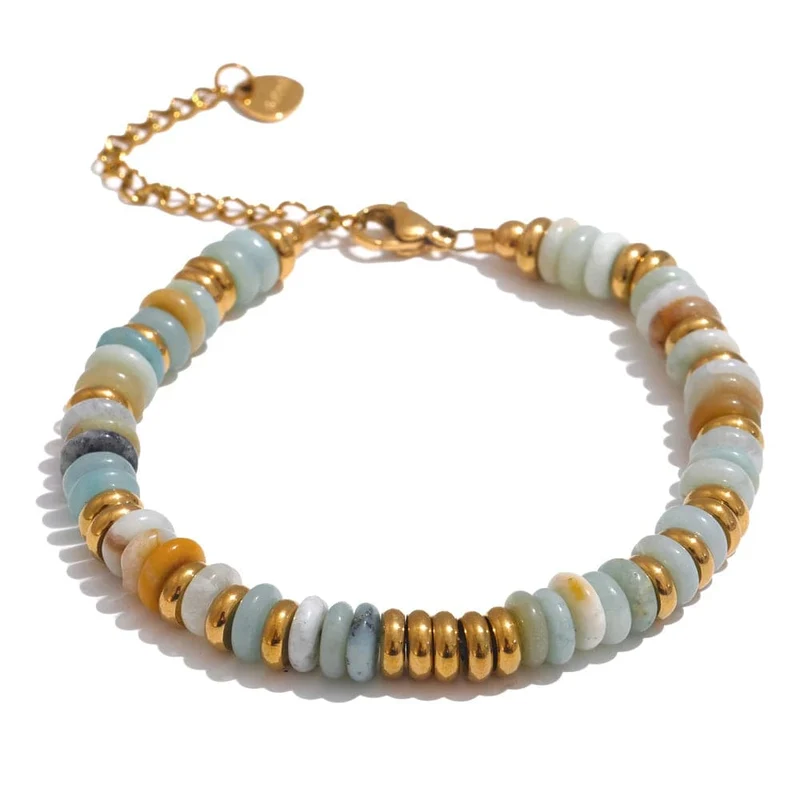 Yhpup Bunte Natursteinperlen Kette Handarbeit Armband Armreif Wasserdicht Böhmen Edelstahl Y2K Trendy Schmuck Geschenk