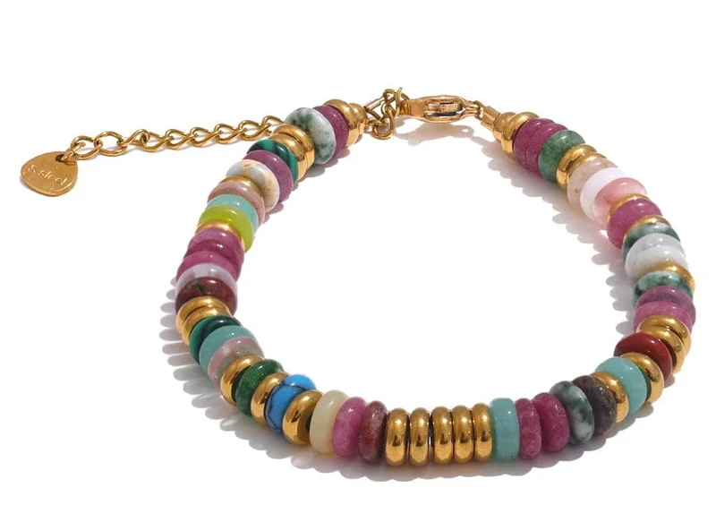 Yhpup Bunte Natursteinperlen Kette Handarbeit Armband Armreif Wasserdicht Böhmen Edelstahl Y2K Trendy Schmuck Geschenk