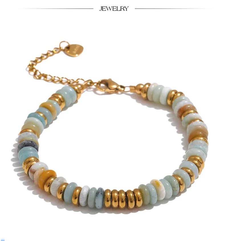 Yhpup Bunte Natursteinperlen Kette Handarbeit Armband Armreif Wasserdicht Böhmen Edelstahl Y2K Trendy Schmuck Geschenk