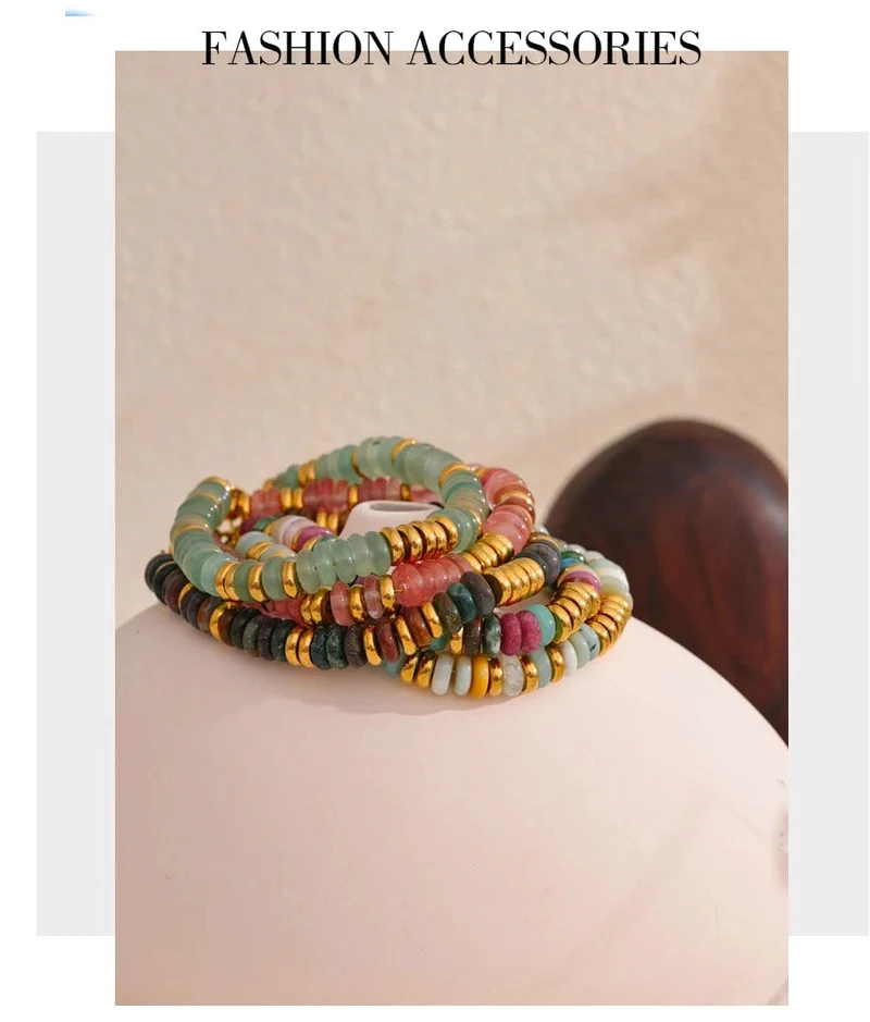 Yhpup Bunte Natursteinperlen Kette Handarbeit Armband Armreif Wasserdicht Böhmen Edelstahl Y2K Trendy Schmuck Geschenk