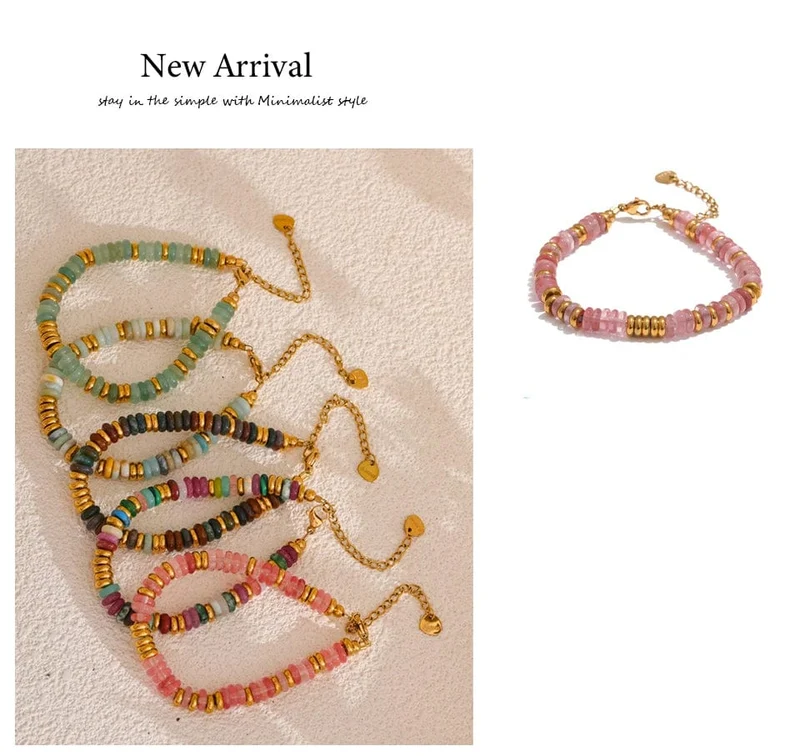 Yhpup Bunte Natursteinperlen Kette Handarbeit Armband Armreif Wasserdicht Böhmen Edelstahl Y2K Trendy Schmuck Geschenk