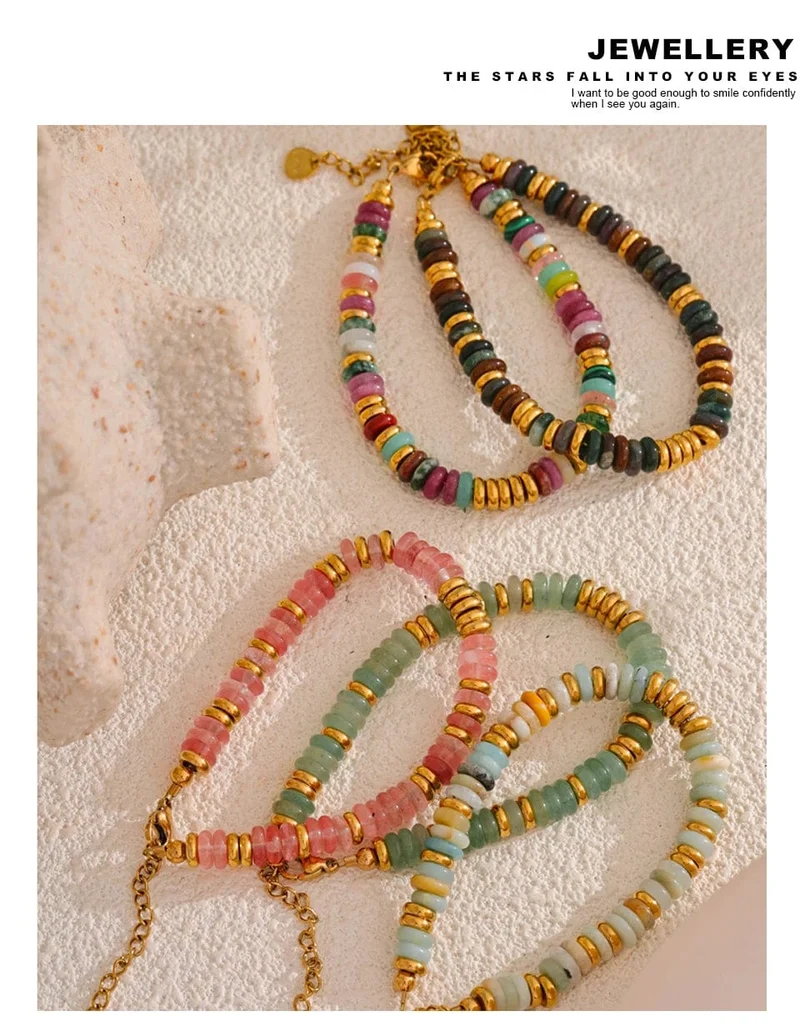Yhpup Bunte Natursteinperlen Kette Handarbeit Armband Armreif Wasserdicht Böhmen Edelstahl Y2K Trendy Schmuck Geschenk