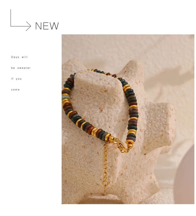 Yhpup Bunte Natursteinperlen Kette Handarbeit Armband Armreif Wasserdicht Böhmen Edelstahl Y2K Trendy Schmuck Geschenk