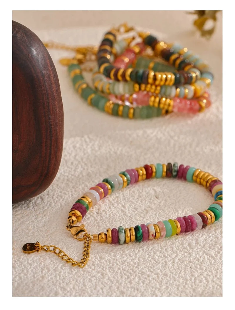 Yhpup Bunte Natursteinperlen Kette Handarbeit Armband Armreif Wasserdicht Böhmen Edelstahl Y2K Trendy Schmuck Geschenk