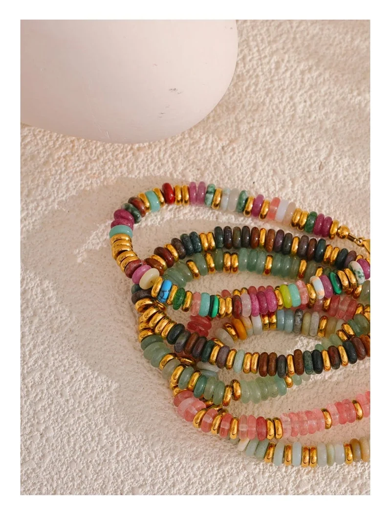 Yhpup Bunte Natursteinperlen Kette Handarbeit Armband Armreif Wasserdicht Böhmen Edelstahl Y2K Trendy Schmuck Geschenk
