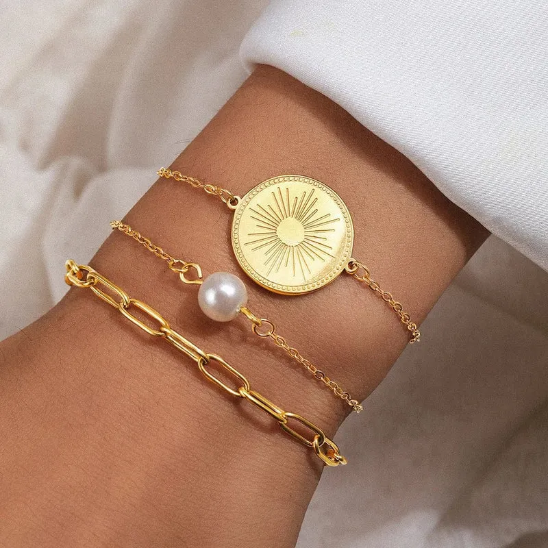 Edelstahlarmband Dreifach gestapelt Kreis Imitation Perle Vintage Elegantes Armband Damen Schmuck Geburtstag Jahrestag Geschenk