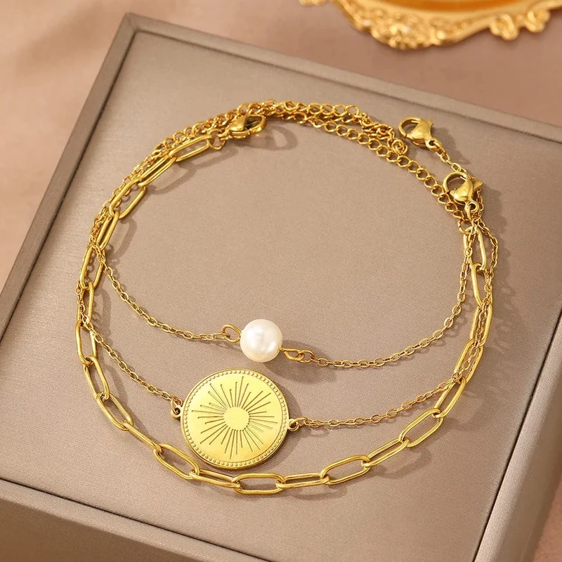 Edelstahlarmband Dreifach gestapelt Kreis Imitation Perle Vintage Elegantes Armband Damen Schmuck Geburtstag Jahrestag Geschenk