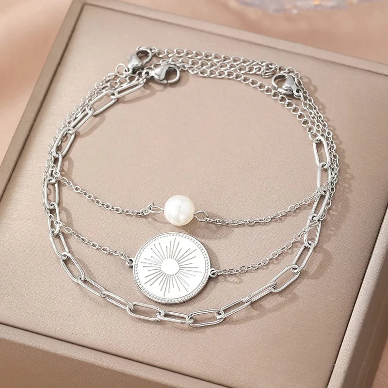 Edelstahlarmband Dreifach gestapelt Kreis Imitation Perle Vintage Elegantes Armband Damen Schmuck Geburtstag Jahrestag Geschenk