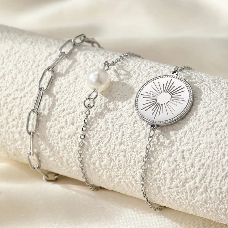 Edelstahlarmband Dreifach gestapelt Kreis Imitation Perle Vintage Elegantes Armband Damen Schmuck Geburtstag Jahrestag Geschenk