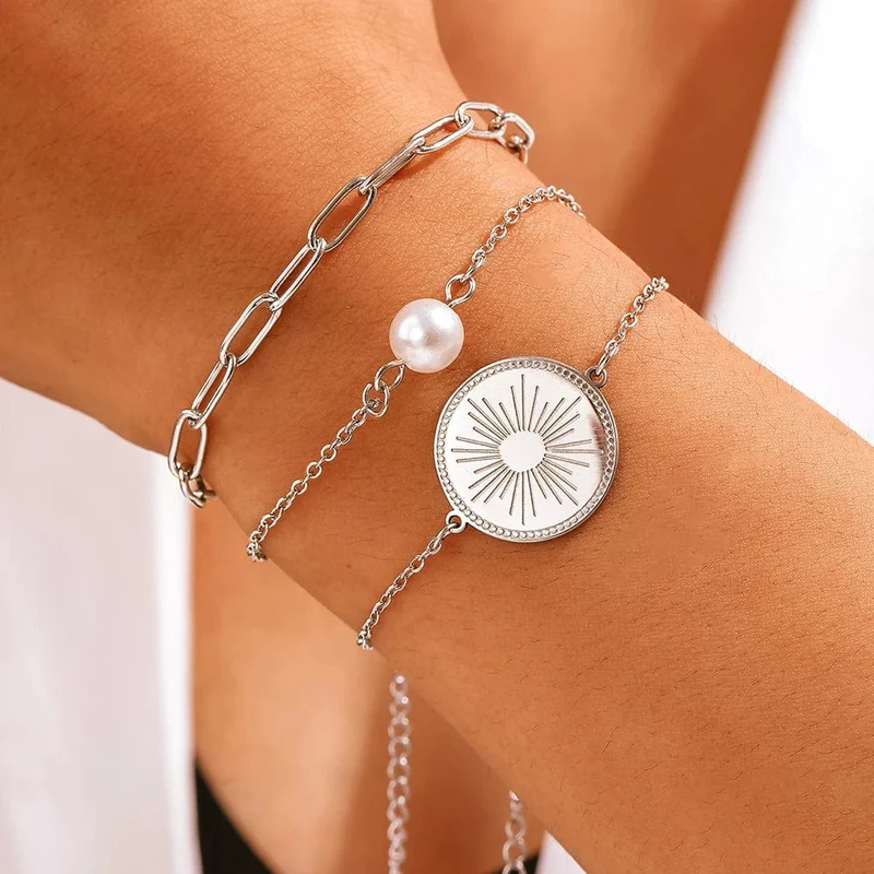 Edelstahlarmband Dreifach gestapelt Kreis Imitation Perle Vintage Elegantes Armband Damen Schmuck Geburtstag Jahrestag Geschenk