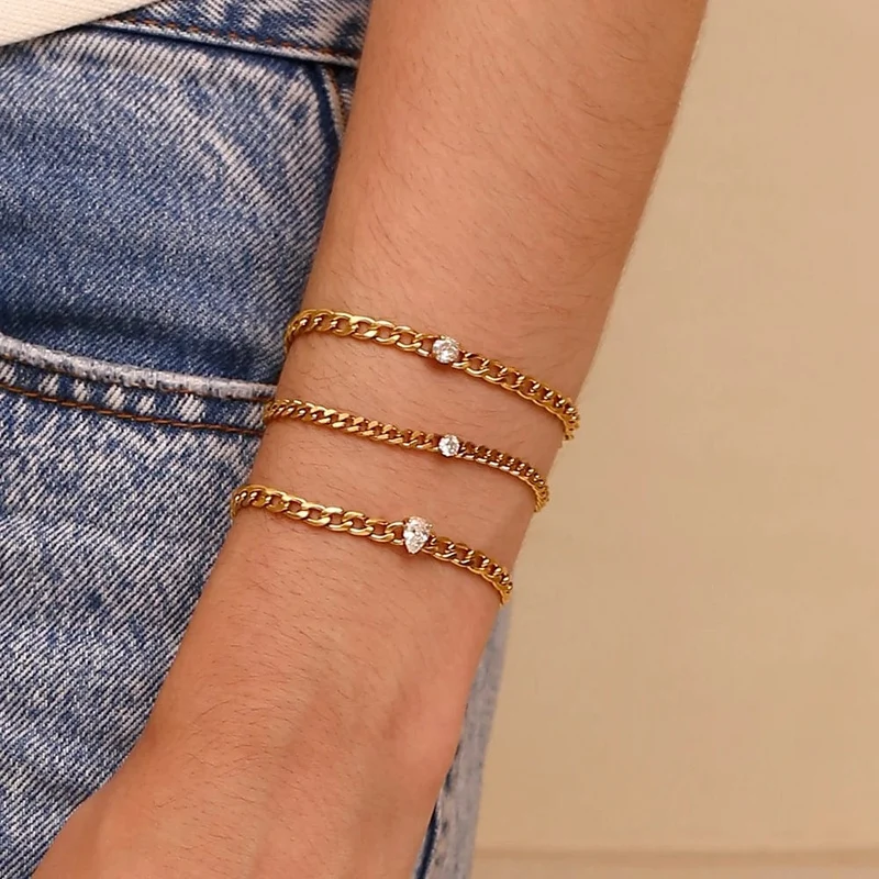 EBbelle Rundes Kettenarmband mit Wassertropfen-Zirkonia, wasserdichtes 316L Edelstahl-Zubehör, 18 Karat vergoldetes Armband für Damen