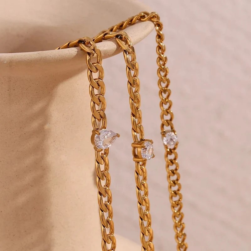 EBbelle Rundes Kettenarmband mit Wassertropfen-Zirkonia, wasserdichtes 316L Edelstahl-Zubehör, 18 Karat vergoldetes Armband für Damen