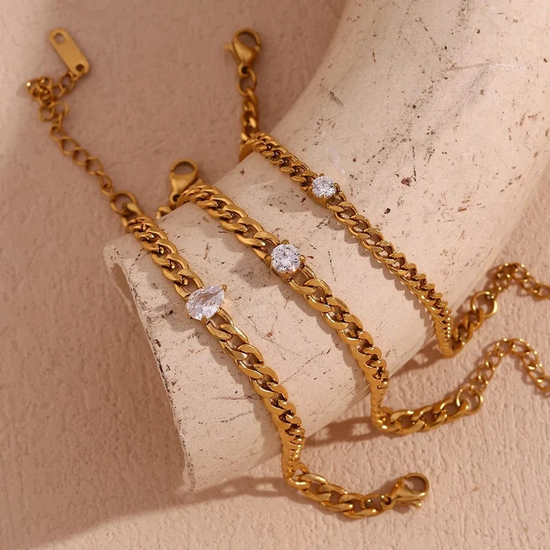 EBbelle Rundes Kettenarmband mit Wassertropfen-Zirkonia, wasserdichtes 316L Edelstahl-Zubehör, 18 Karat vergoldetes Armband für Damen
