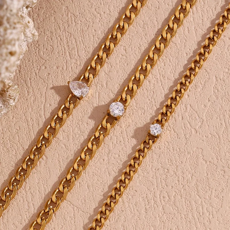 EBbelle Rundes Kettenarmband mit Wassertropfen-Zirkonia, wasserdichtes 316L Edelstahl-Zubehör, 18 Karat vergoldetes Armband für Damen