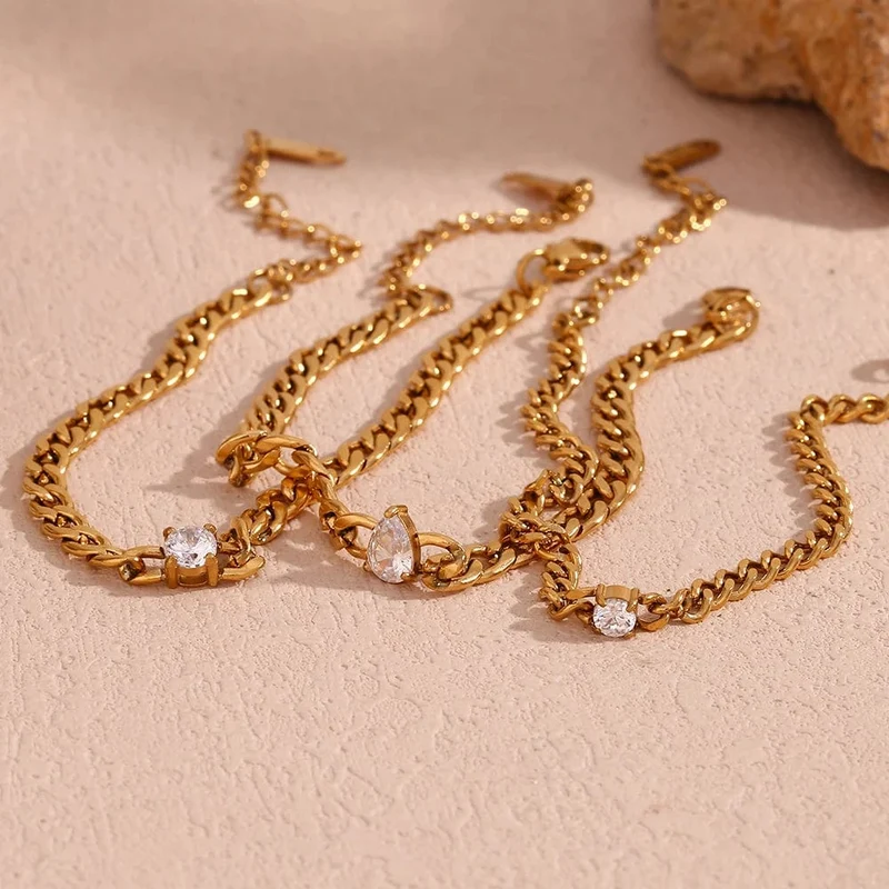 EBbelle Rundes Kettenarmband mit Wassertropfen-Zirkonia, wasserdichtes 316L Edelstahl-Zubehör, 18 Karat vergoldetes Armband für Damen