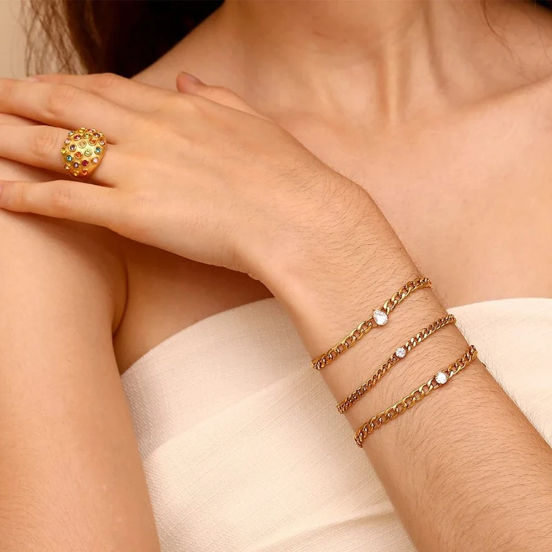 EBbelle Rundes Kettenarmband mit Wassertropfen-Zirkonia, wasserdichtes 316L Edelstahl-Zubehör, 18 Karat vergoldetes Armband für Damen