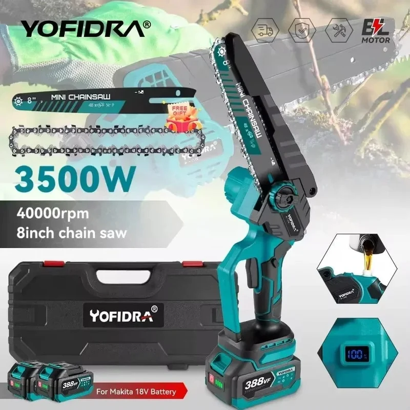 YOFIDRA 8 Zoll bürstenlose elektrische Kettensäge, kabellos, wiederaufladbar, Garten- und Holzbearbeitungs-Schneidwerkzeuge für Makita 18V-Akku