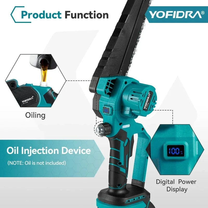 YOFIDRA 8 Zoll bürstenlose elektrische Kettensäge, kabellos, wiederaufladbar, Garten- und Holzbearbeitungs-Schneidwerkzeuge für Makita 18V-Akku