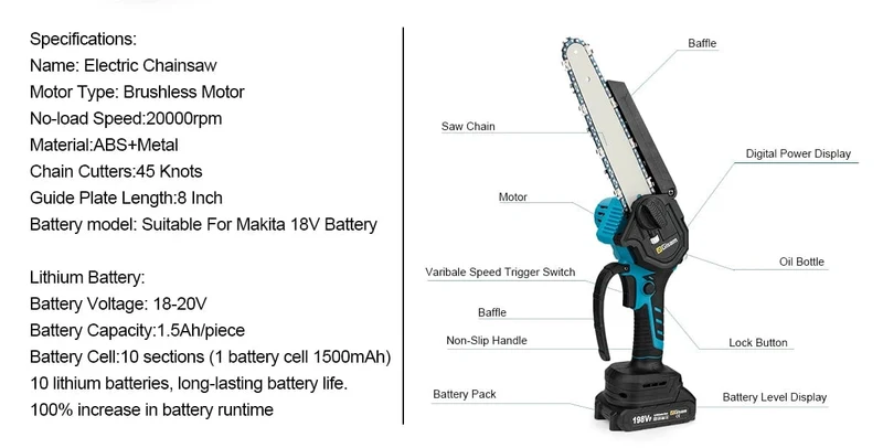 8 Zoll bürstenlose Kettensäge, kabellose elektrische Kreissäge, handgeführte Kettensäge zum Beschneiden von Ästen, Garten-Elektrowerkzeuge für Makita 18V Akku
