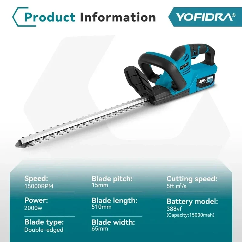 YOFIDRA 2000W Elektrische Heckenschere 15000 RPM Rasenmäher Garten Landschaftsbau Heckenschere Trimmer Werkzeug Für Makita 18V Batterie