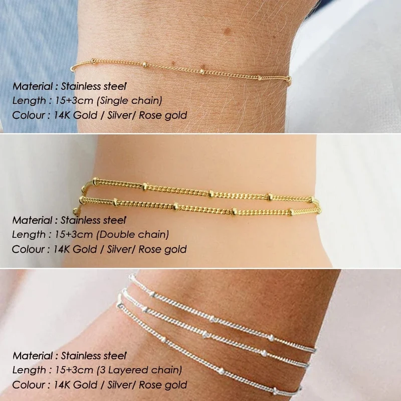 eManco Schlichtes Damen-Kugelkettenarmband, Schmuck, mehrlagiges feines Perlenkettenarmband, Damen-Edelstahlkette