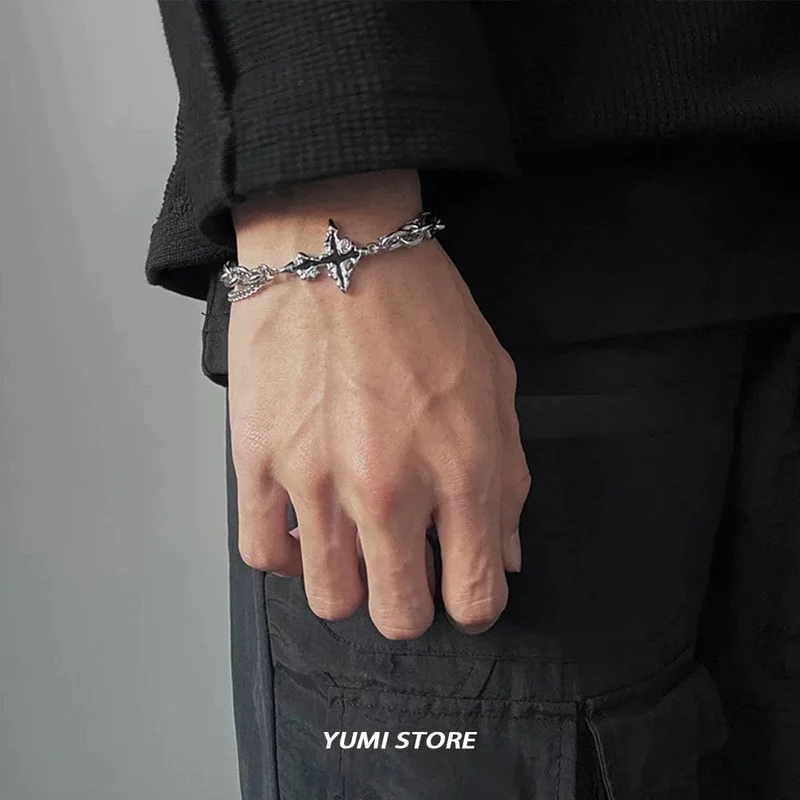 Retro Flamme Kreuz Armband Für Männer Frau Hip Hop Titan Stahl Splice Kette Charme Unisex Schmuck Cool Kpop Luxus Zubehör