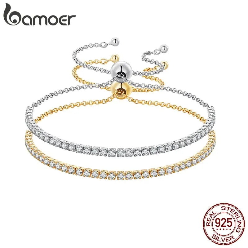 BAMOER 14K vergoldetes klassisches Tennisarmband mit Zirkonia für Damen, 925er Sterlingsilber, verstellbares Schiebearmband, Hochzeitsschmuck, Geschenk