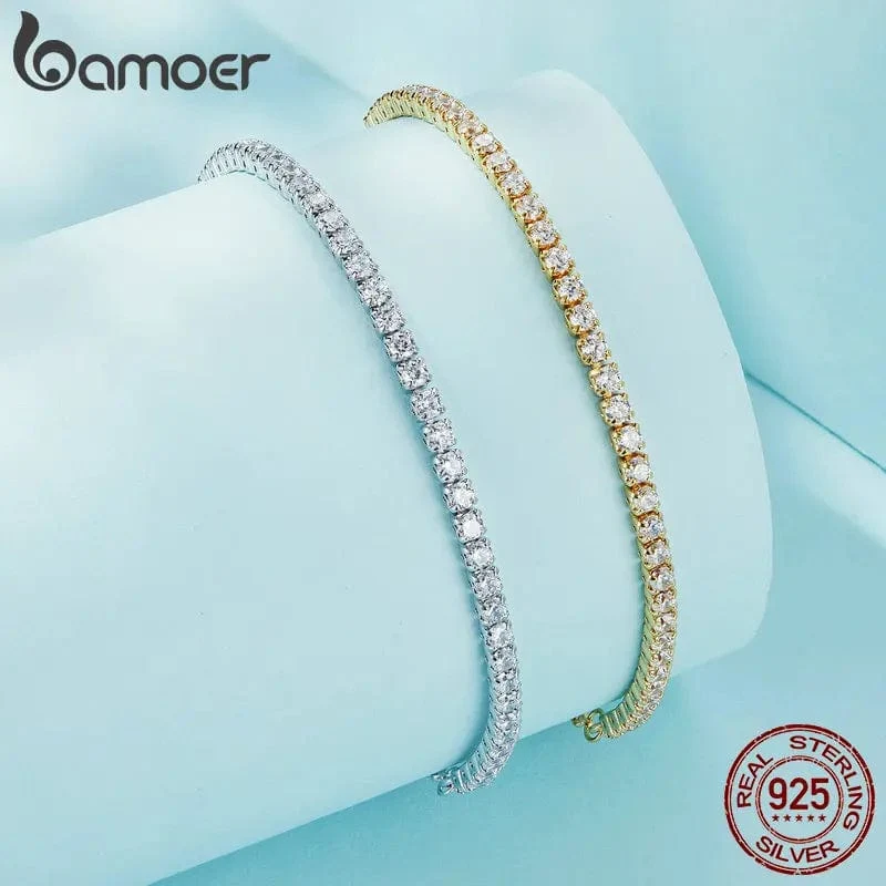 BAMOER 14K vergoldetes klassisches Tennisarmband mit Zirkonia für Damen, 925er Sterlingsilber, verstellbares Schiebearmband, Hochzeitsschmuck, Geschenk