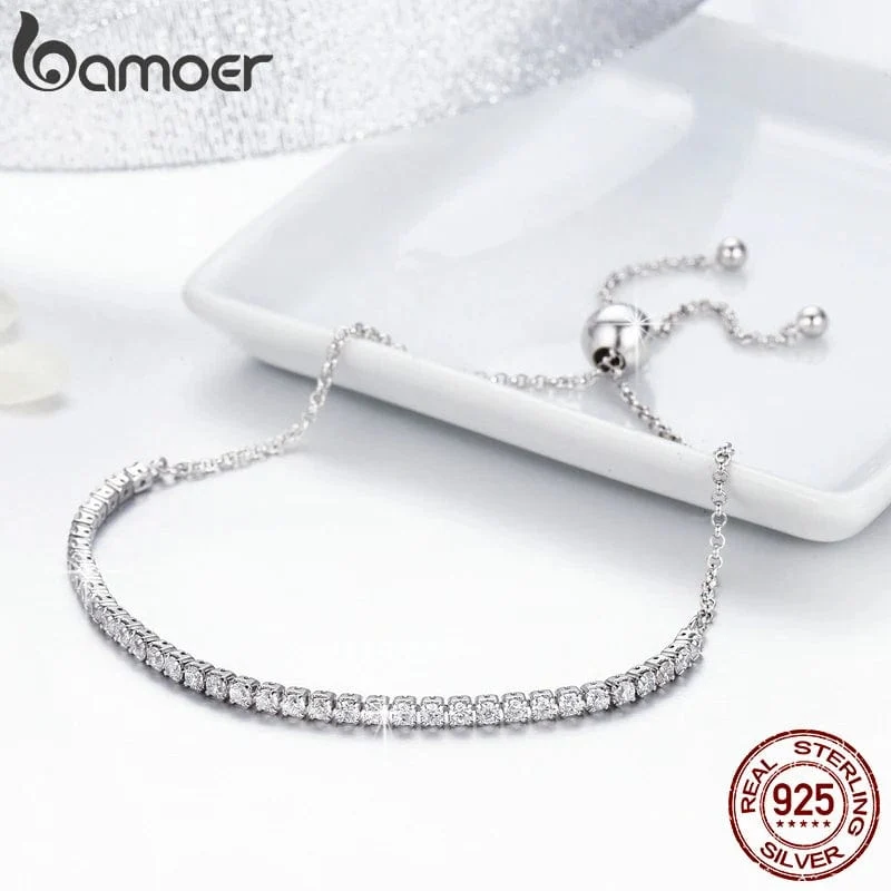BAMOER 14K vergoldetes klassisches Tennisarmband mit Zirkonia für Damen, 925er Sterlingsilber, verstellbares Schiebearmband, Hochzeitsschmuck, Geschenk