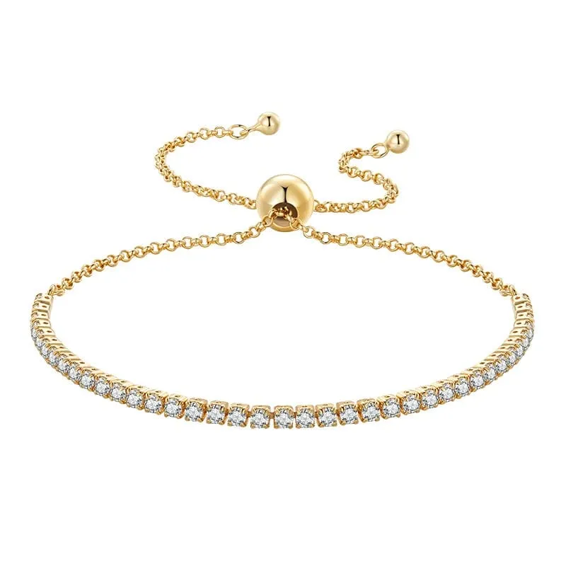 BAMOER 14K vergoldetes klassisches Tennisarmband mit Zirkonia für Damen, 925er Sterlingsilber, verstellbares Schiebearmband, Hochzeitsschmuck, Geschenk