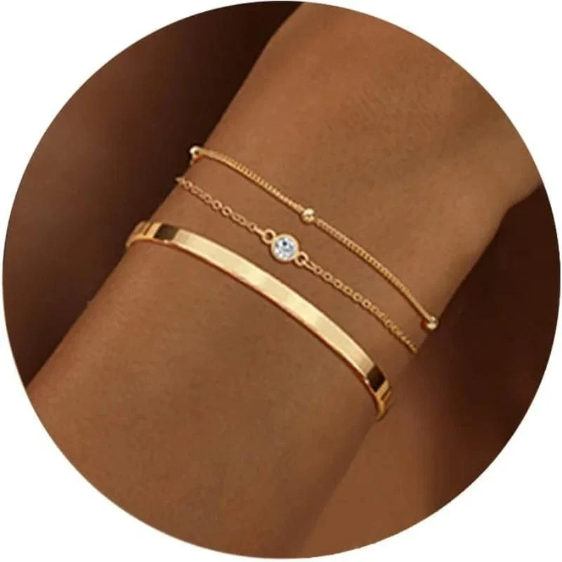 3-teiliges Armband-Set aus 14 Karat vergoldetem Edelstahl, wasserdicht, für Frauen und Mädchen, Schlangenkette, kubanische Glieder, Manschettenarmreif, stapelbare Armbänder