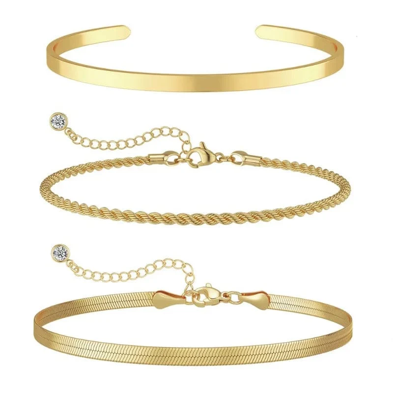 3-teiliges Armband-Set aus 14 Karat vergoldetem Edelstahl, wasserdicht, für Frauen und Mädchen, Schlangenkette, kubanische Glieder, Manschettenarmreif, stapelbare Armbänder