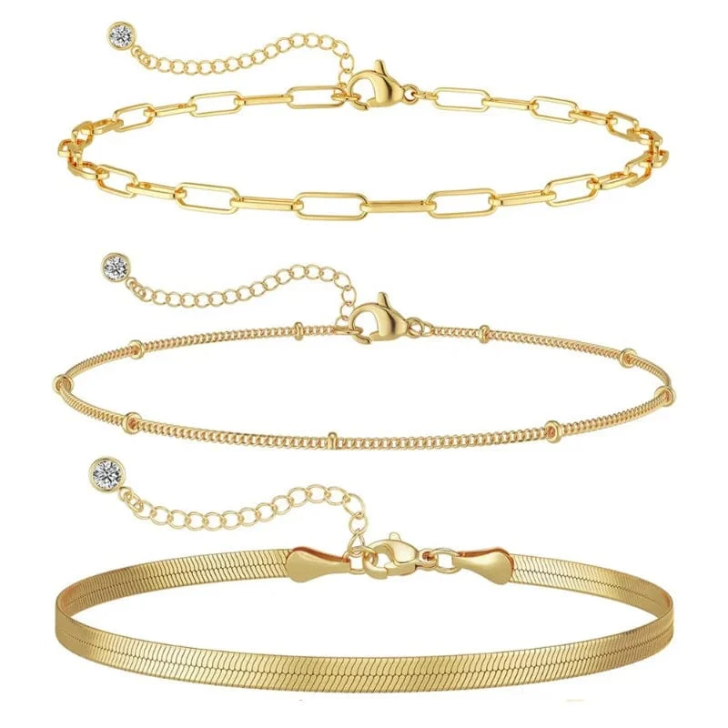 3-teiliges Armband-Set aus 14 Karat vergoldetem Edelstahl, wasserdicht, für Frauen und Mädchen, Schlangenkette, kubanische Glieder, Manschettenarmreif, stapelbare Armbänder