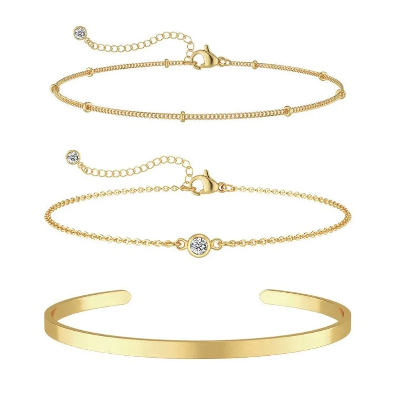 3-teiliges Armband-Set aus 14 Karat vergoldetem Edelstahl, wasserdicht, für Frauen und Mädchen, Schlangenkette, kubanische Glieder, Manschettenarmreif, stapelbare Armbänder