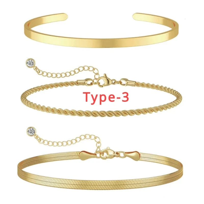 3-teiliges Armband-Set aus 14 Karat vergoldetem Edelstahl, wasserdicht, für Frauen und Mädchen, Schlangenkette, kubanische Glieder, Manschettenarmreif, stapelbare Armbänder