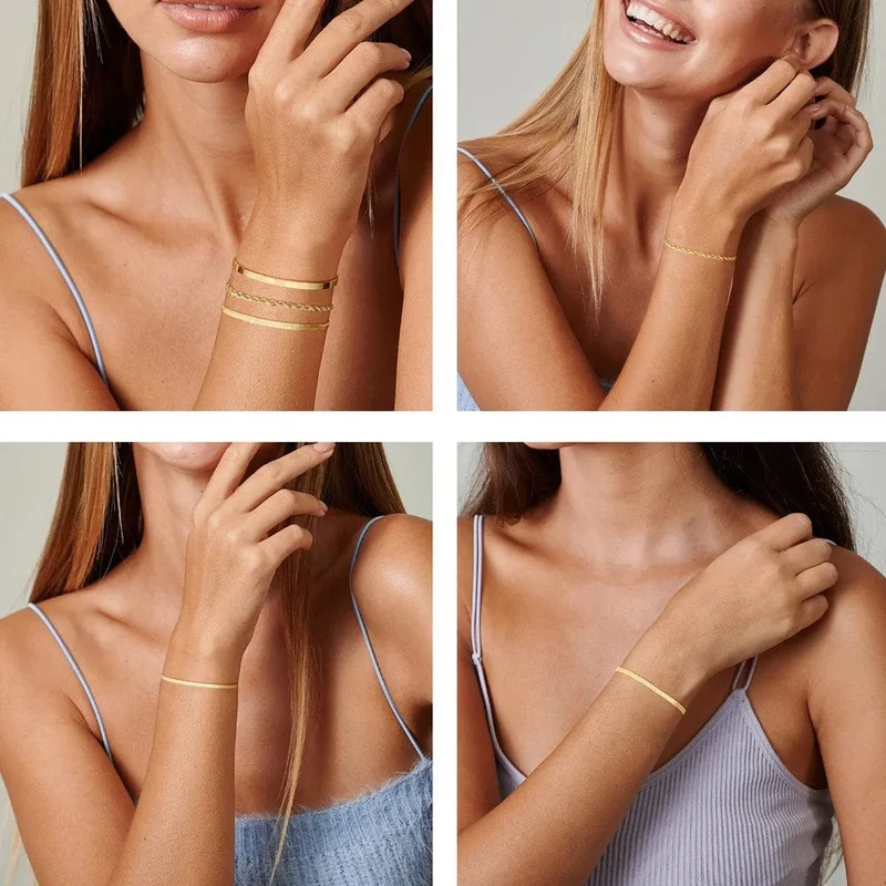 3-teiliges Armband-Set aus 14 Karat vergoldetem Edelstahl, wasserdicht, für Frauen und Mädchen, Schlangenkette, kubanische Glieder, Manschettenarmreif, stapelbare Armbänder