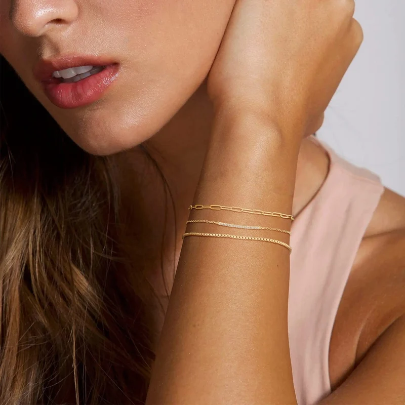 3-teiliges Armband-Set aus 14 Karat vergoldetem Edelstahl, wasserdicht, für Frauen und Mädchen, Schlangenkette, kubanische Glieder, Manschettenarmreif, stapelbare Armbänder