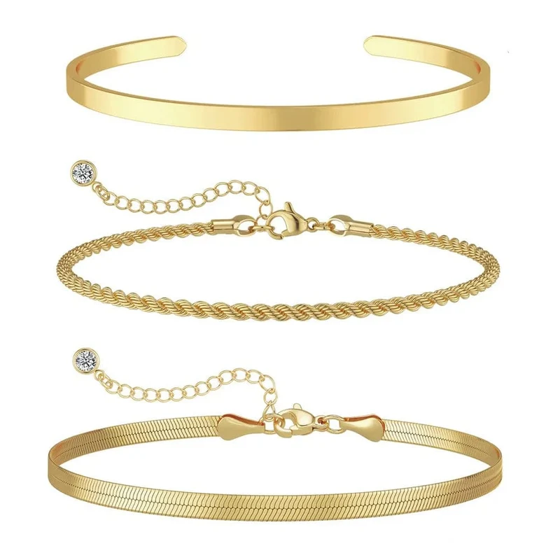 3-teiliges Armband-Set aus 14 Karat vergoldetem Edelstahl, wasserdicht, für Frauen und Mädchen, Schlangenkette, kubanische Glieder, Manschettenarmreif, stapelbare Armbänder