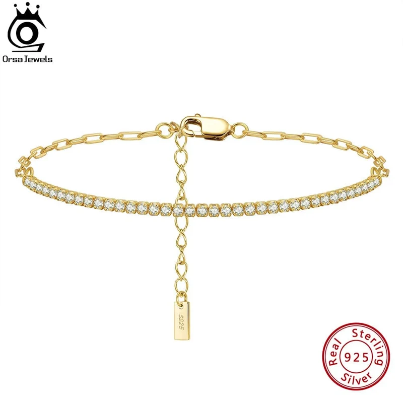 ORSA JEWELS 14K vergoldetes Tennisarmband mit Büroklammerketten für Frauen, 925er Sterlingsilber, handgefertigte Armbänder, Schmuck SB141