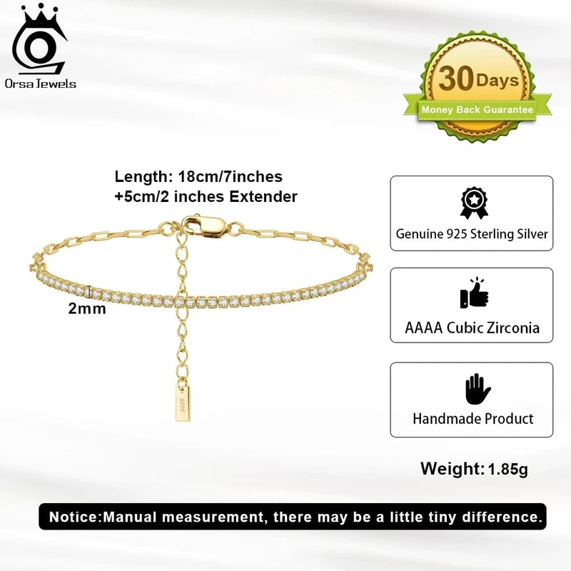 ORSA JEWELS 14K vergoldetes Tennisarmband mit Büroklammerketten für Frauen, 925er Sterlingsilber, handgefertigte Armbänder, Schmuck SB141