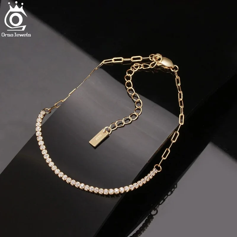 ORSA JEWELS 14K vergoldetes Tennisarmband mit Büroklammerketten für Frauen, 925er Sterlingsilber, handgefertigte Armbänder, Schmuck SB141