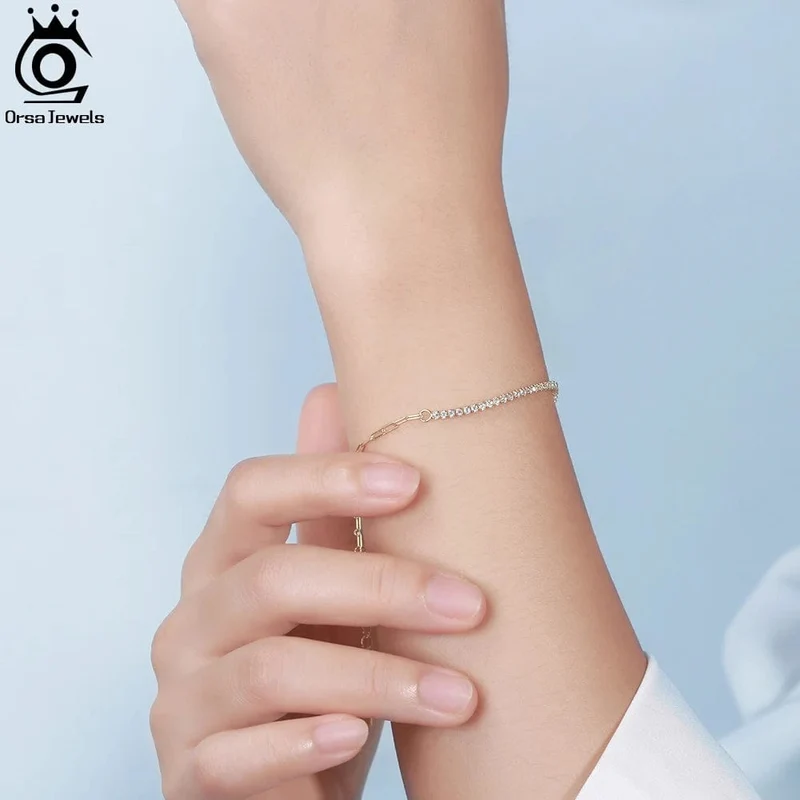 ORSA JEWELS 14K vergoldetes Tennisarmband mit Büroklammerketten für Frauen, 925er Sterlingsilber, handgefertigte Armbänder, Schmuck SB141