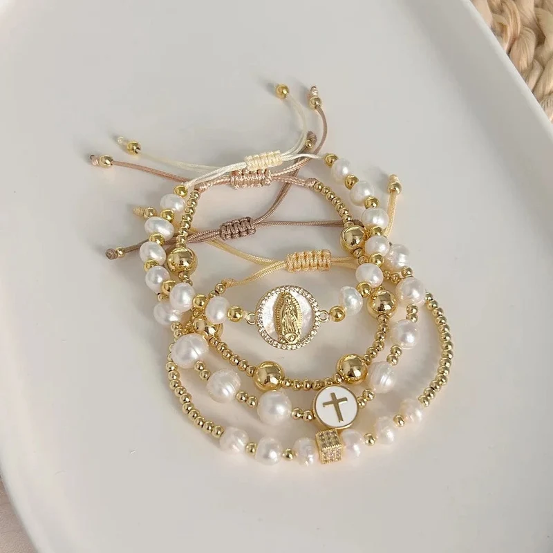 KKBEAD Natürliches Perlenarmband für Damen, modisch, Jungfrau Maria, Guadalupe-Schmuck, 18 Karat vergoldet, wasserdichte Armbänder, Pulseras